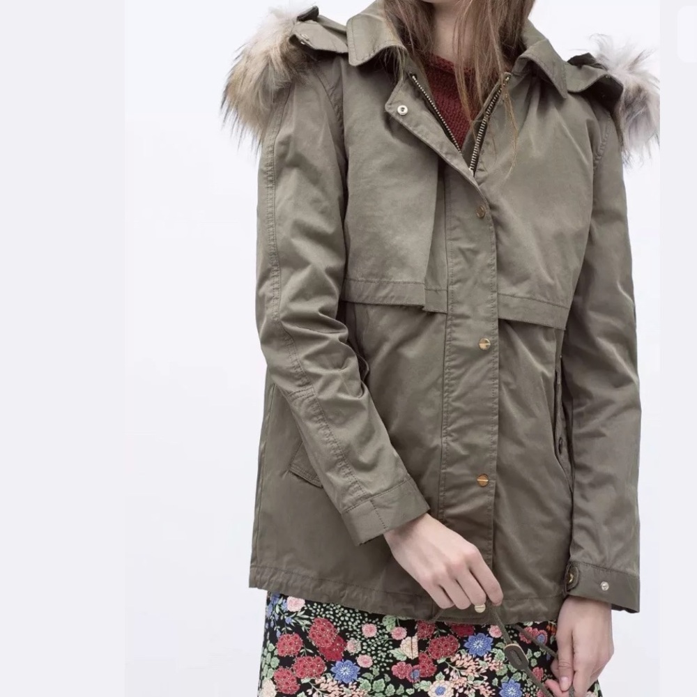 SOLD OUT NWT ZARA PARKA WITH FAUX FUR HOOD KHAKI COAT